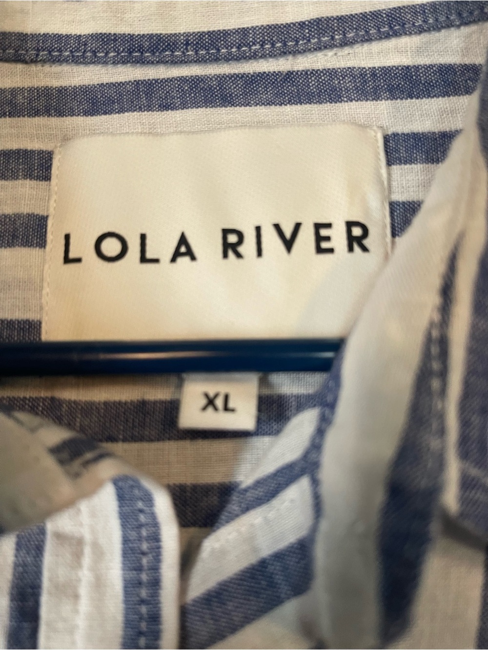 Lola River XL Blue White Linen Lyocell Striped Button Down Roll Tab Shirt - Picture 4 of 9